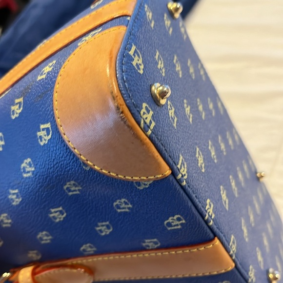 Dooney & Bourke Blue Tan Monogram Satchel Purse Double Handle - Picture 12 of 14
